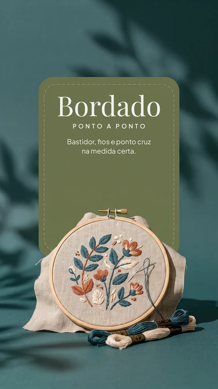 Capa do módulo Bordado: bastidor com bordado floral e meadas de linha