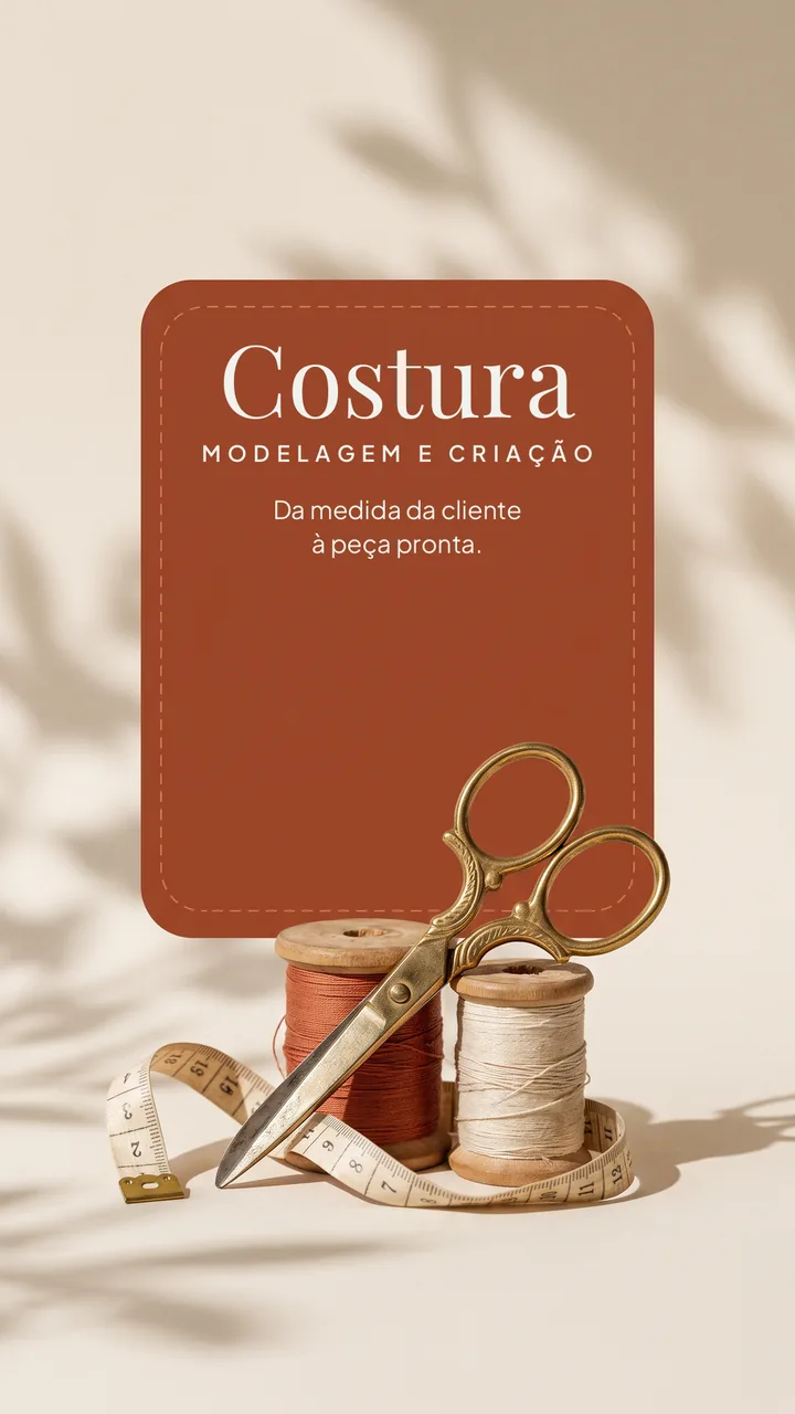 Capa do módulo Costura: tesoura, carretéis de linha e fita métrica