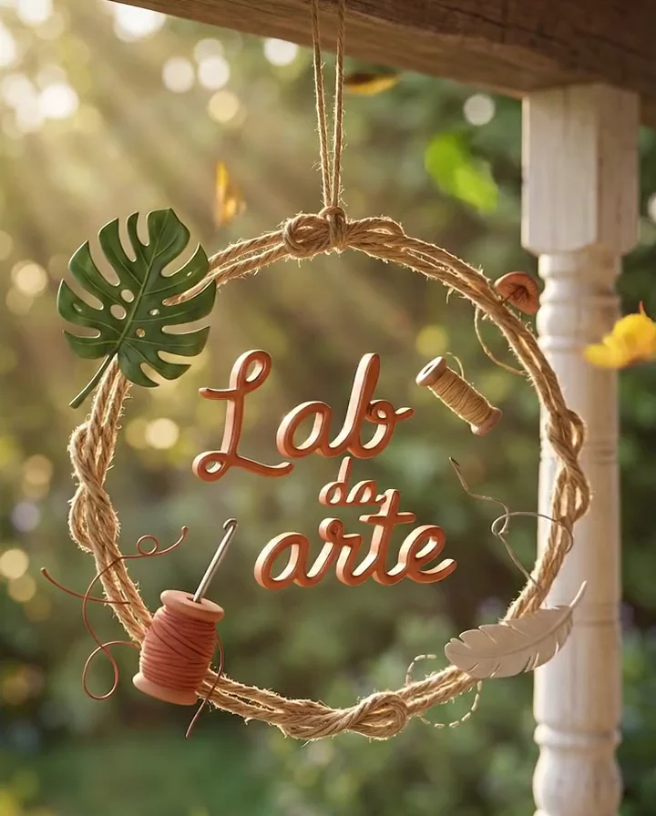 Logomarca do Lab da Arte como guirlanda de juta, girando pendurada numa varanda