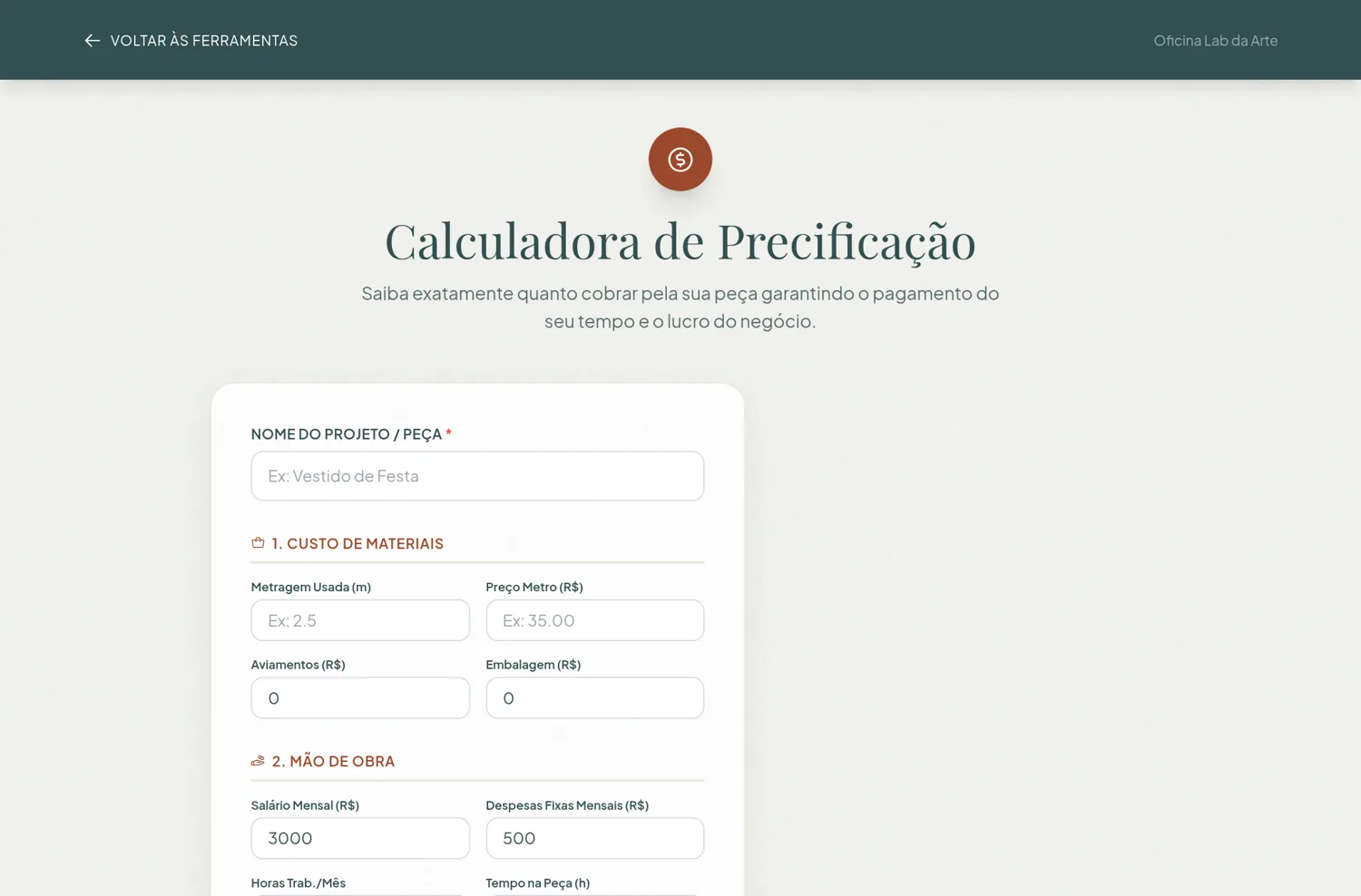 Calculadora de Precificação do Lab da Arte